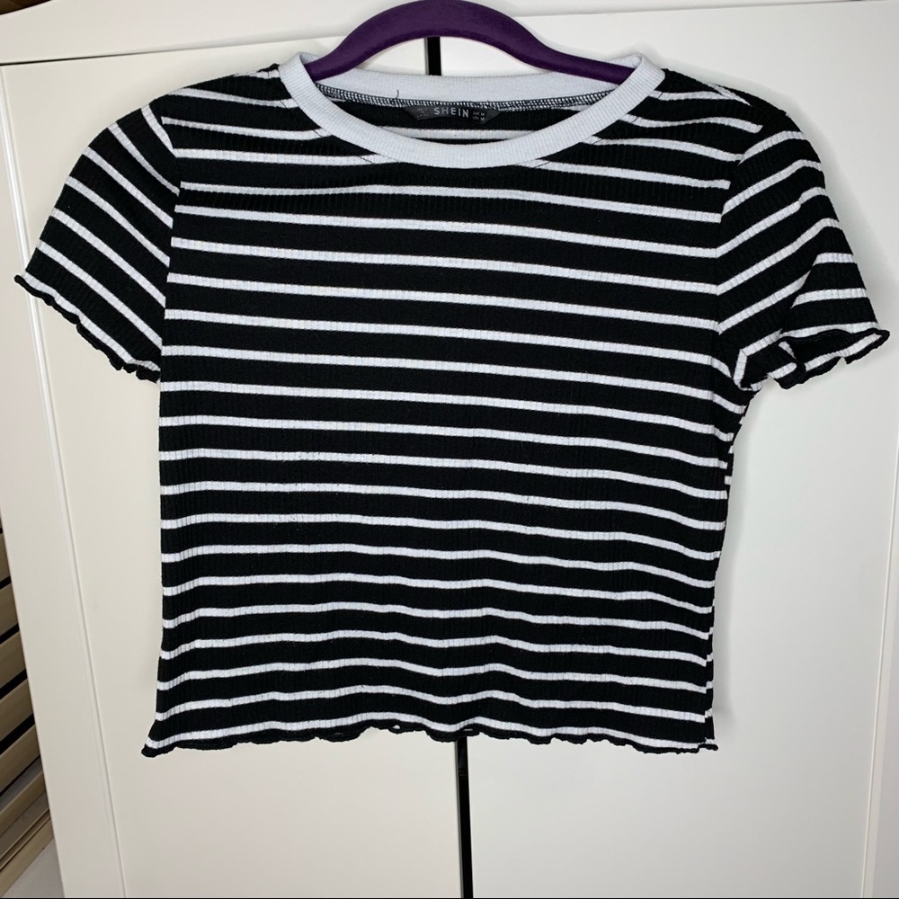 Shein Striped Crop Lettuce Edged Shirt